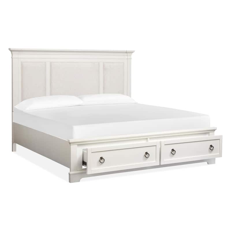 Magnussen Home Kingston Whisper White and Cerused Nutmeg Upholstered Panel Storage Bed
