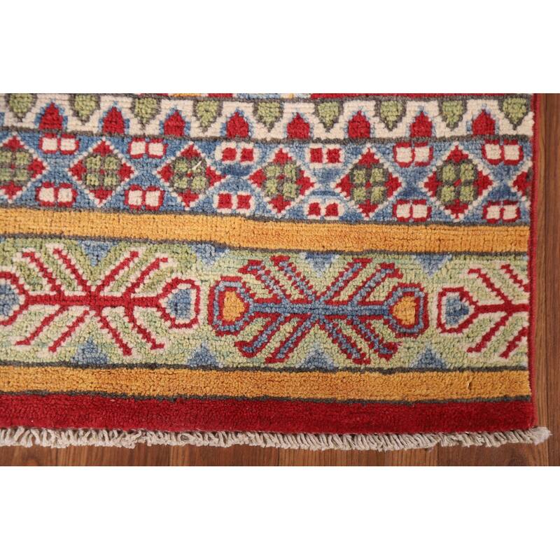 Hand Knotted Oriental 100% Wool Carpet Traditional All-Over Multi-Colored Kazak Runner Rug - 13' 10'' X 2' 6''