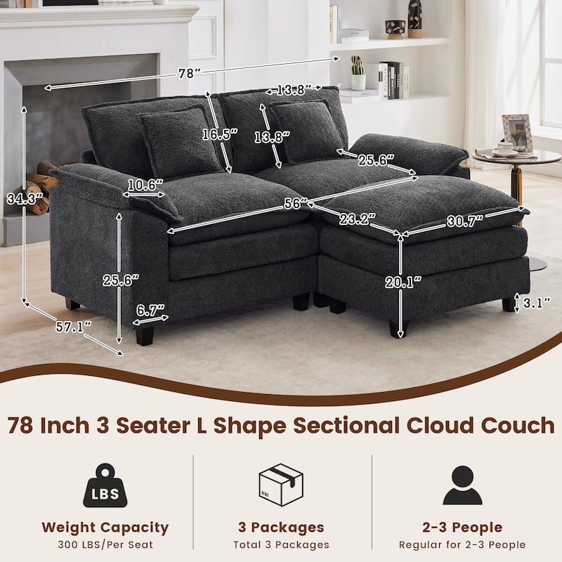 78" Comfy Cloud Couch Sectional Loveseat Boucle Sofa With Ottoman and Wide Armrests