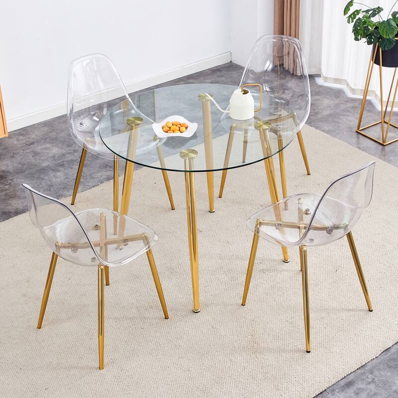 Modern Dining Set with Round Glass Table & Transparent Chairs