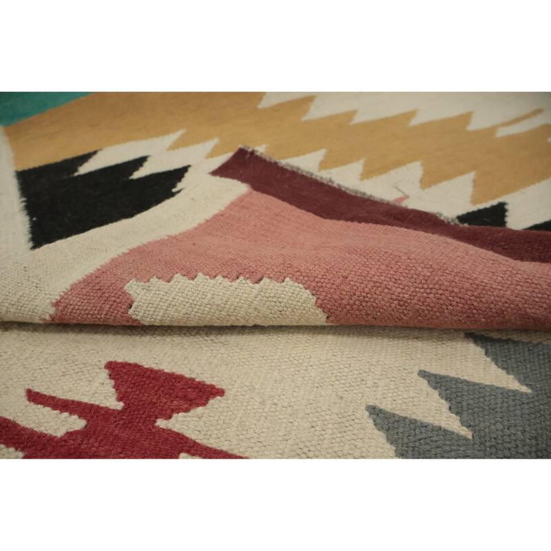 Hand Woven Oriental 100% Wool Carpet Southwestern Tribal Beige & Ivories Kilim Area Rug - 11' 9'' X 4' 10''