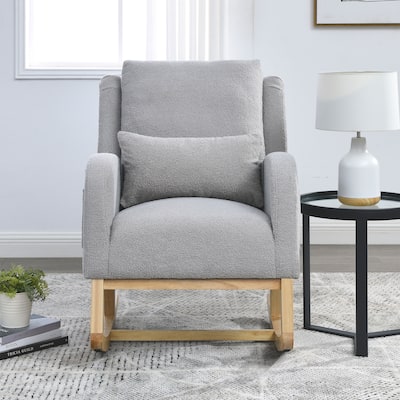 High Back Rocker Accent Chair with Wood Base, One Lumbar Pillow and Two Side Pockets