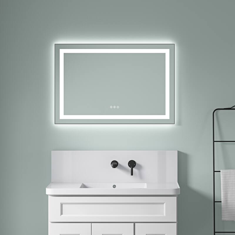 36"x24" LED Bathroom Mirror with Front and Backlight, Wall Mounted Vanity Mirror with Aluminum Frame, Anti-Fog - Gun Ash - Gun Ash