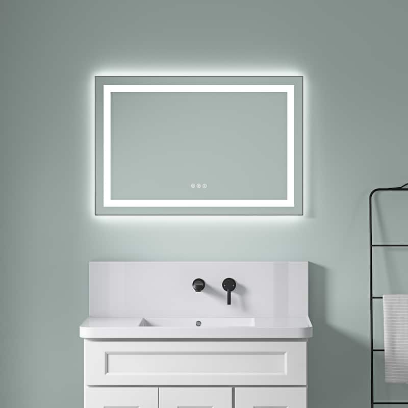 36 x 24 Inch LED Bathroom Mirror with Front and Backlight, Wall Mounted Vanity Mirror with Aluminum Frame, Anti-Fog - Gun Ash - Gun Ash