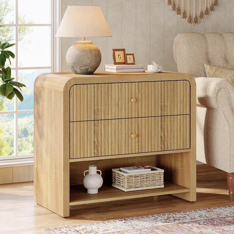 Oversized Nightstand with 2 Drawers, 31.5" Wide Modern Fluted Night Stand