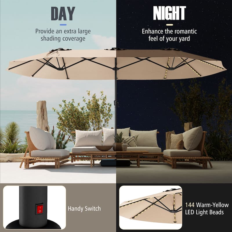 Extra Large 15.5 Feet Double-Sided Patio Umbrella with Solar LED Lights and Crank Outdoor Shade (Umbrella Only)