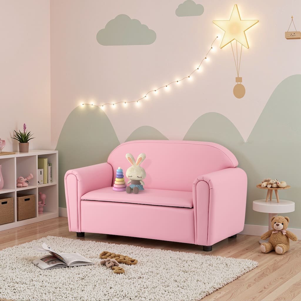 Kid-Sized Lightweight Pink Sofa with Storage Compartment for Playroom or Bedroom - 35" x 16" x 19.5" (L x W x H)