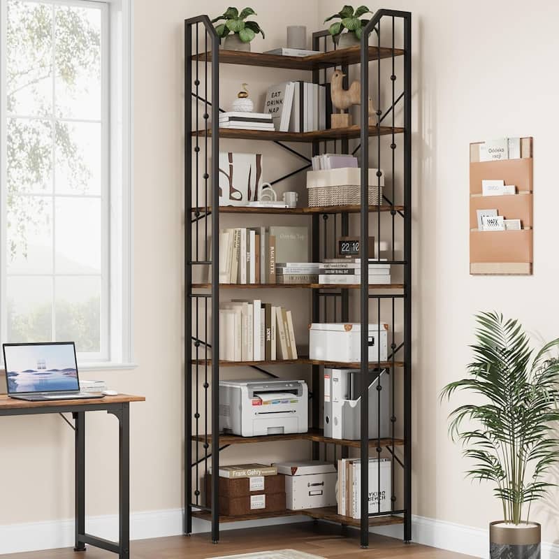 86" 7 Tier Industrial Corner Bookshelf, L-Shaped Bookcase - N/A - Brown