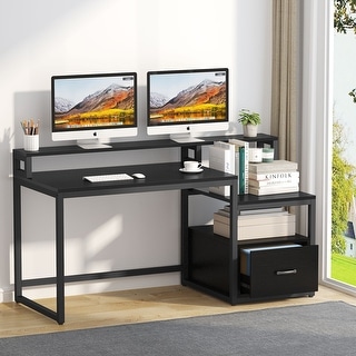Computer Desk with File Drawer and Storage Shelves, Industrial Home Office Desk with Hutch