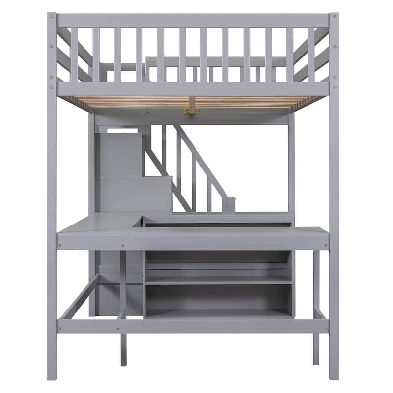 Full Pine Wood Loft Bed with L-Shaped Desk