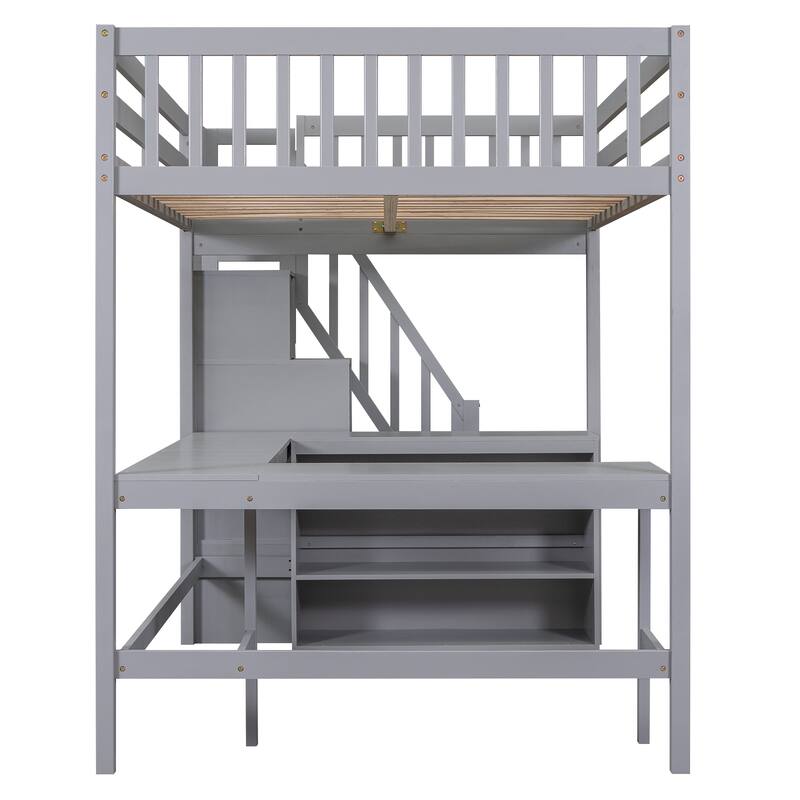 Full Size Loft Bed with L-Shaped Desk, Storage Shelves, and Staircase, Gray