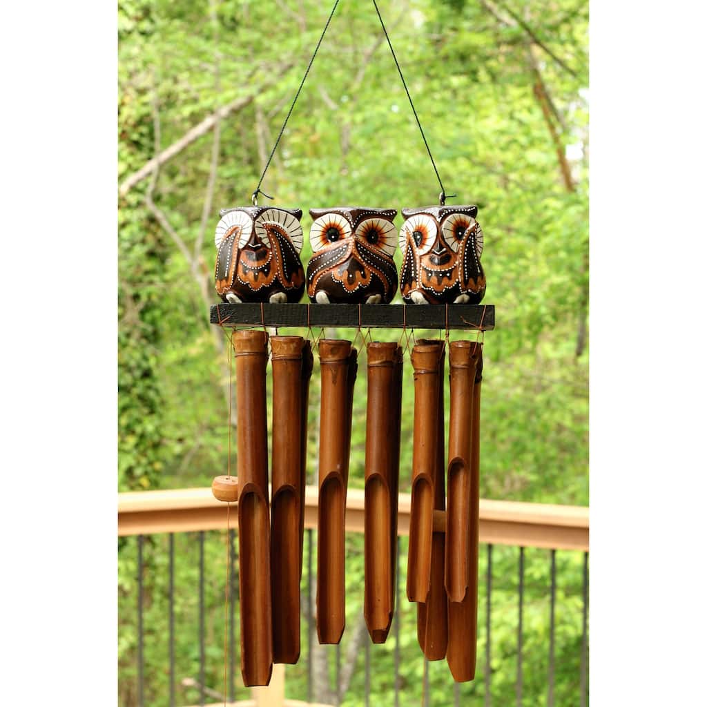 Handmade Wooden See Hear Speak No Evil Owl Bamboo Wind Chime Wood Statue Figurine Hoot Sculpture Patio Garden Outdoor Decor