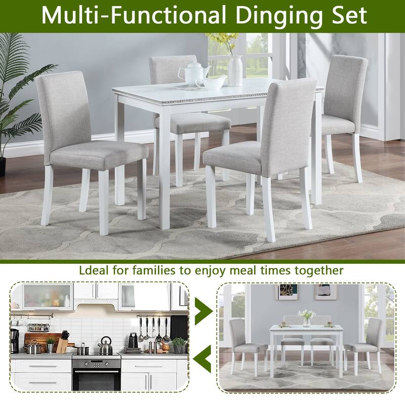 5-Piece, Modern Dining Table Set with Crystal-Embellished Dining Table and 4 Upholstered Dining Chairs, for Dining Rooms, White