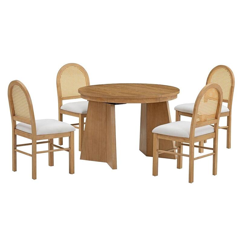 5 PCS Retro Functional Extendable Dining Set for 4 with 4 Upholstered Chairs with Rattan Backrests