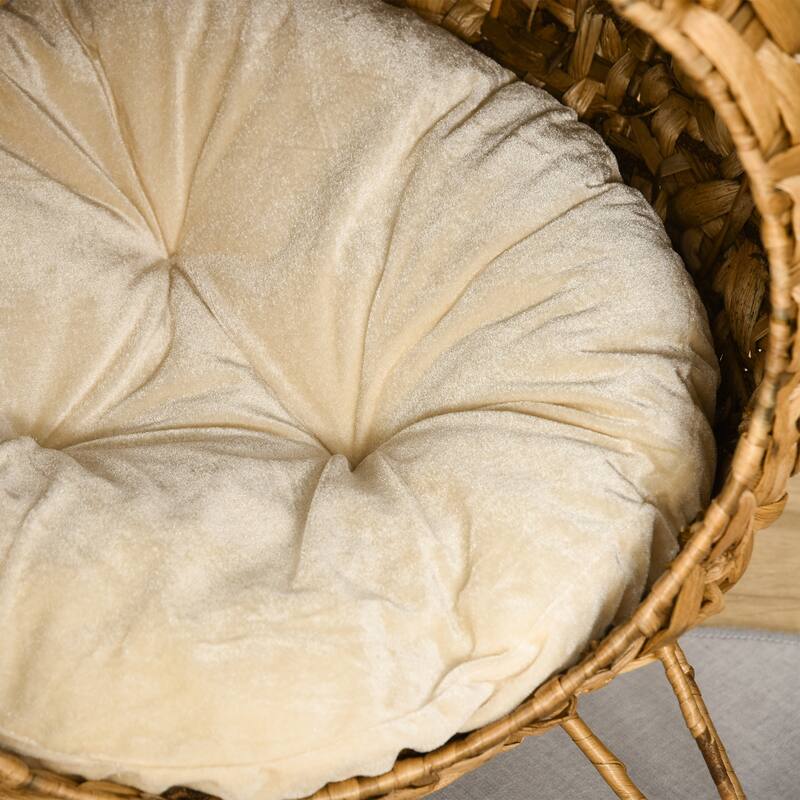 PawHut 20.5" Natural Rattan Cat House, Elevated for Comfort and Circulation, Cushion Included as Animal Bed