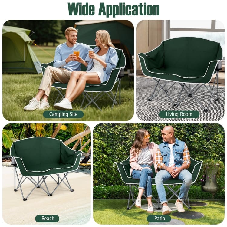 Green Oxford Cloth Metal Folding Camping Loveseat with Cup Holders
