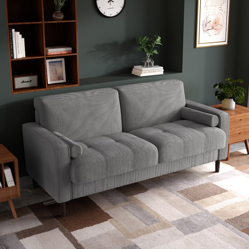 Modern Corduroy Upholstered 2 Seater Sofa with Bolster Pillows