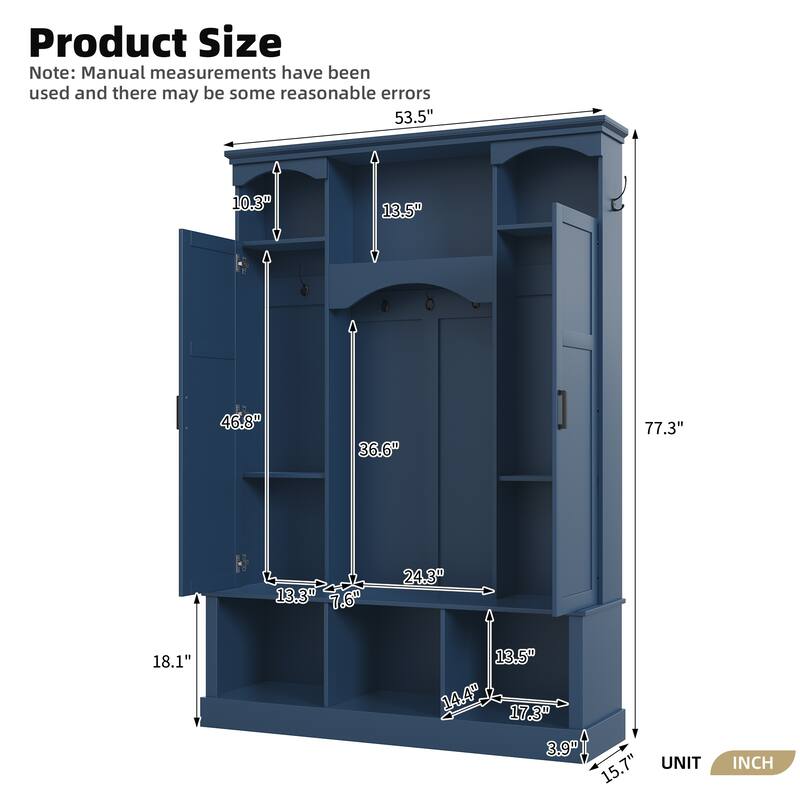 Modern Hall Tree with Adjustable Shelves Dual Cabinets Bench Entryway Organizer