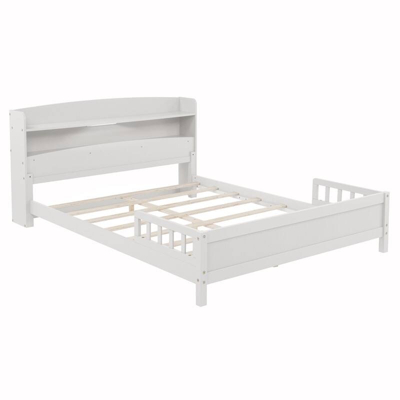 Full Pine Wood Platform Bed with Bookcase Headboard ,LED Motion Sensor Light, Guardrails