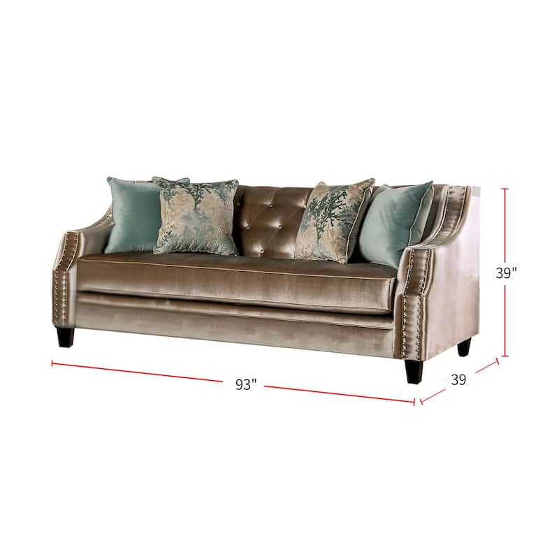 Chenille And Wooden Sofa with Bench Style Cushion Design in Champagne