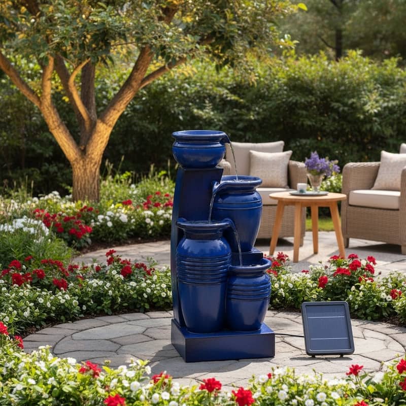 Teamson Home 28.74" 4-Tier Outdoor Fountain with LED Lights, Solar Powered, Weather-Resistant Faux Stone for Garden & Patio