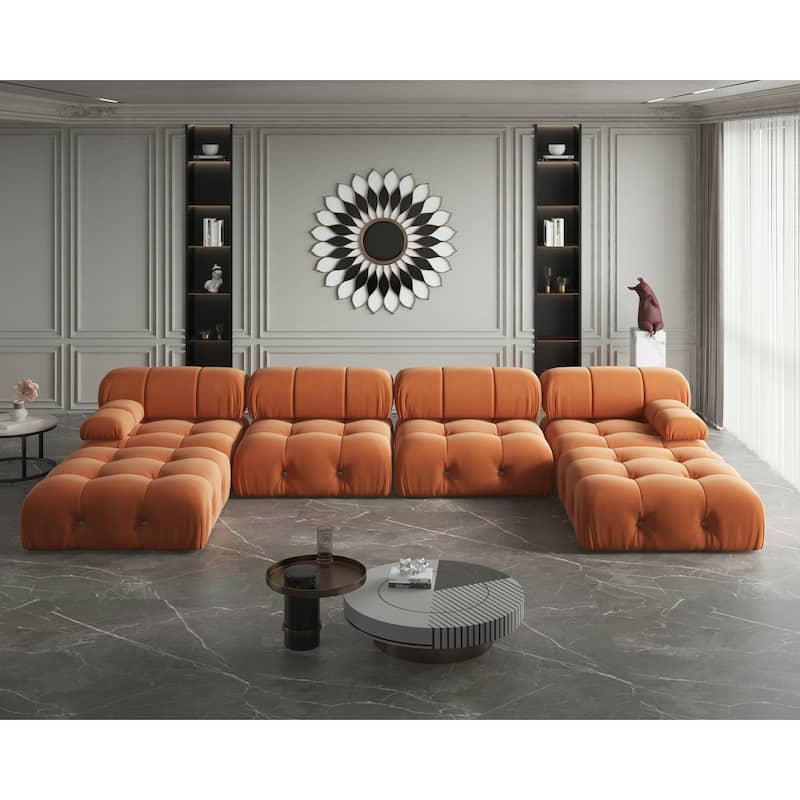 Modern U-Shaped Velvet Upholstered Modular Sectional Sofa 6-seater Extra Wide Chaise Lounge Couch for Living Room - Orange