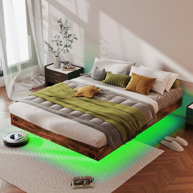 King/Queen/Full Floating Bed Frame with LED Lights & Heavy-Duty Metal Base - Brown - King