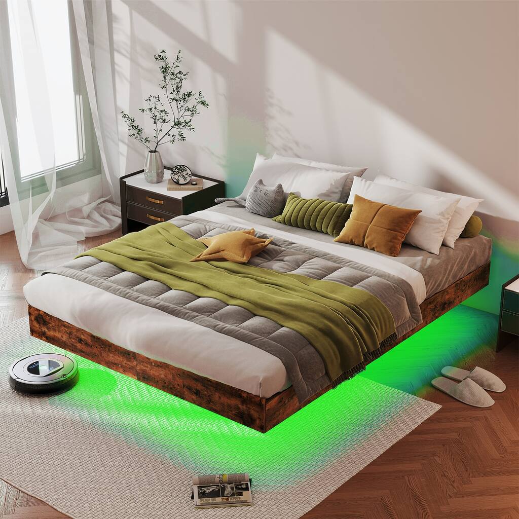 King Size Floating Bed Frame with LED Lights, Heavy Duty Metal Platform - Brown