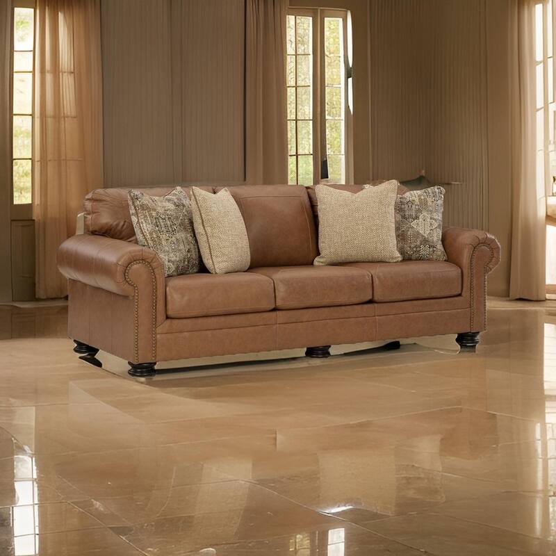 Riana 101 Inch Sofa, 4 Accent Pillows, Caramel Brown Genuine Leather