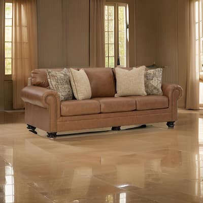 Riana 101 Inch Sofa, 4 Accent Pillows, Caramel Brown Genuine Leather