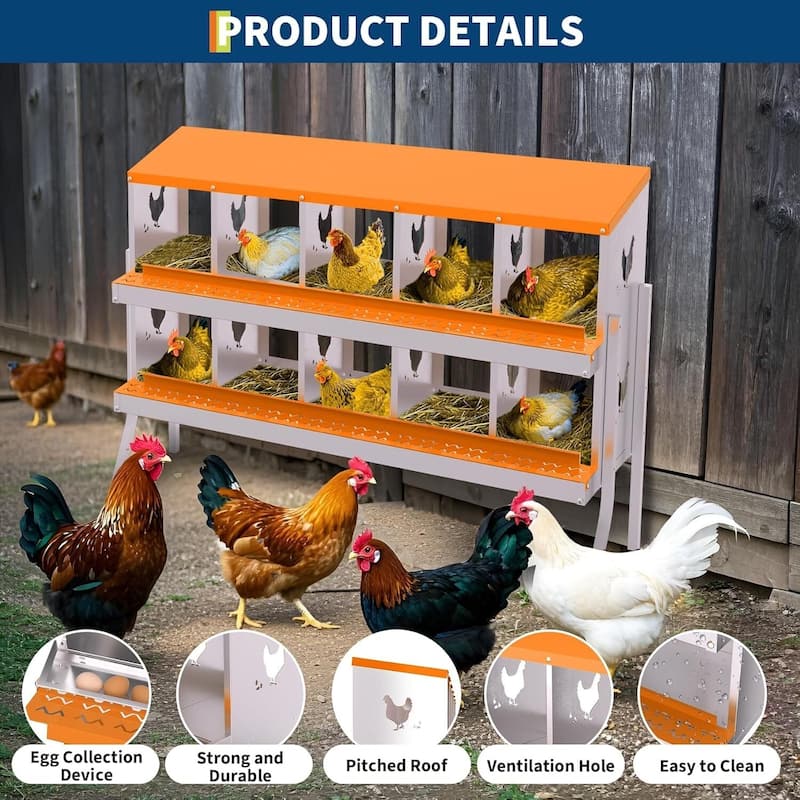 10 Compartment Metal Chicken Nesting Box, Laying Box for Hens Ducks Rabbits, Orange