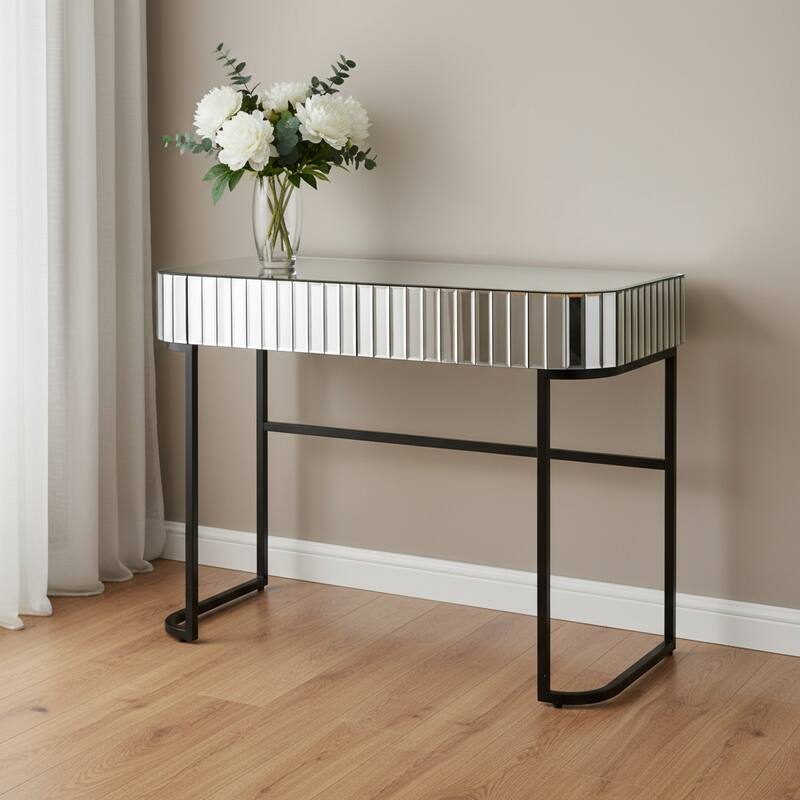 HomeRoots 39" Silver And Black Mirrored Glass and Stainless Steel Two Drawer Vanity Table - Silver/Black