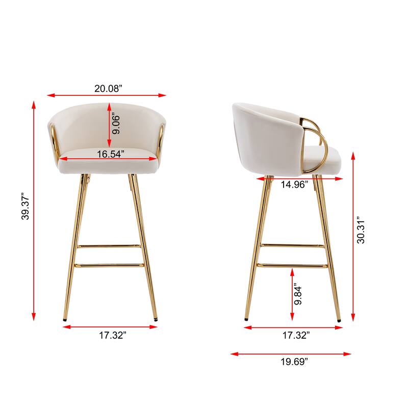 Counter Height Bar Stools Set of 2, Velvet Bar Stools with Armrests, Kitchen Island Chairs with Footrest and Metal Legs