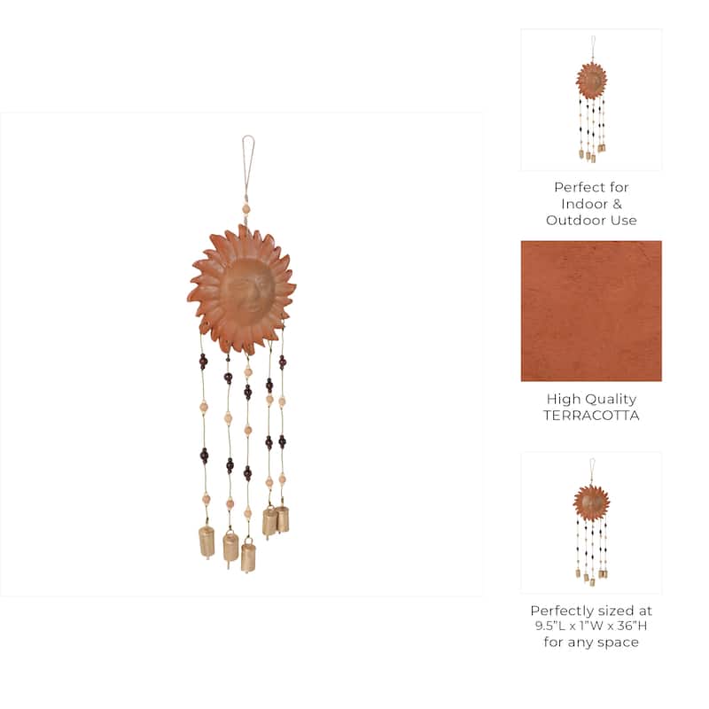 Terracotta Metal Sun Face Wind Chime with Beads and Bells - 36" Brown - 9.5" x 1" x 36"