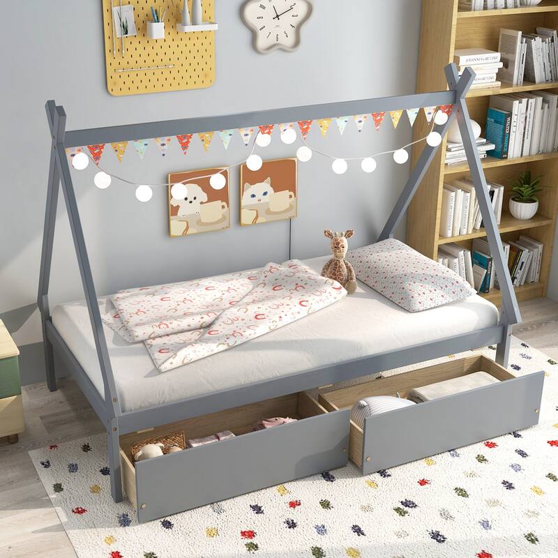 Kids Twin Size Wooden House-Shaped Platform Bed with Storage Drawers for Boys and Girls