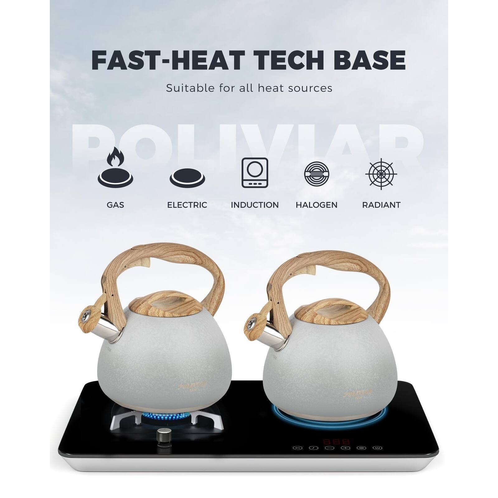 POLIVIAR Tea Kettle, 2.7 Quart Stovetop Tea Kettle, Audible Whistling