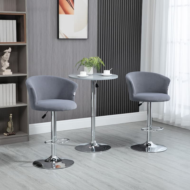 HOMCOM Adjustable Bar Stools Set of 2, Velvet Kitchen Stool, Upholstered Counter Height Barstool with Swivel Seat - Adjustable - Silver - Set of 2