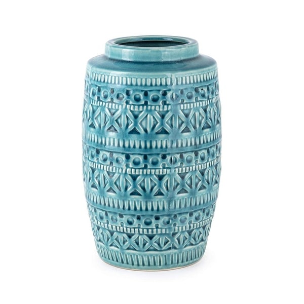 9.75” Turquoise Cooper Embossed Surface Pattern Large Vase - N/A