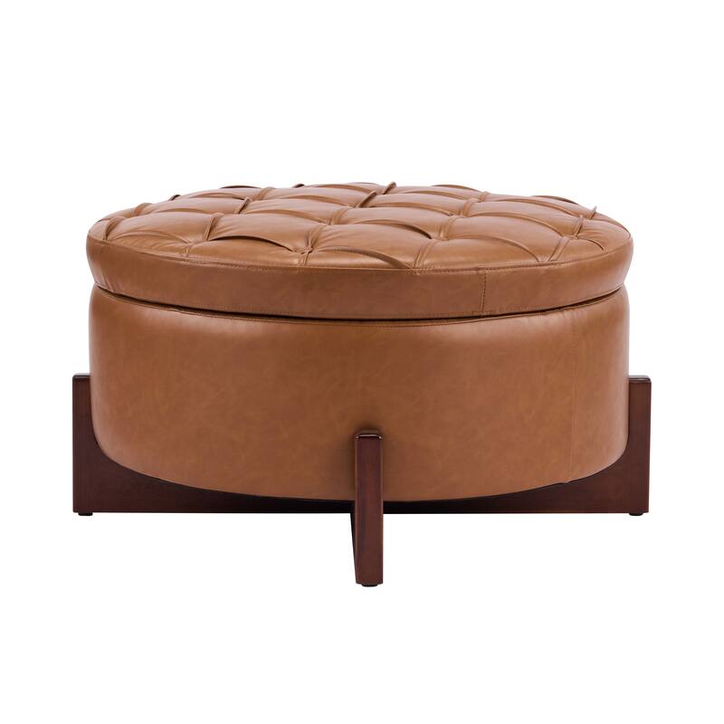 Christopher Knight Home - Mollet Mid-Century 32.28" Upholstered Tufted Round Hidden Storage Ottoman with Reversible Wood Lid
