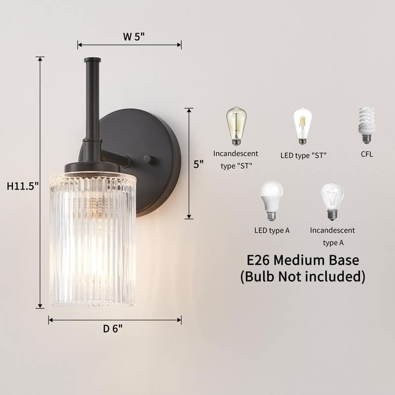 KAWOTI 1- Light Ribbed Glass Wall Sconce (W5" * H11.5" * D6")