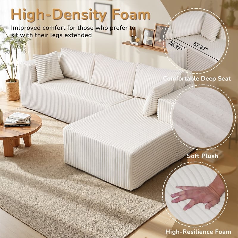 Modular Plush Sofa, All-Foam No Springs, Space-Saving for Living Room