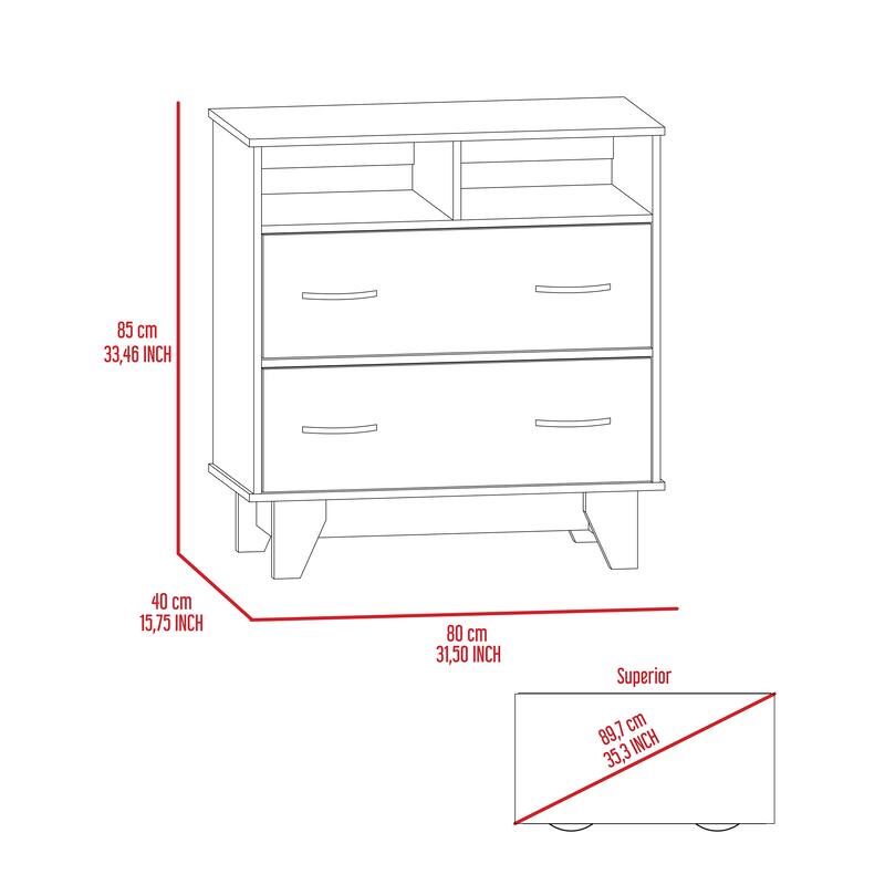Simplicity 2Drawer 2Open Shelf 4Legs Dresser, Modern Storage