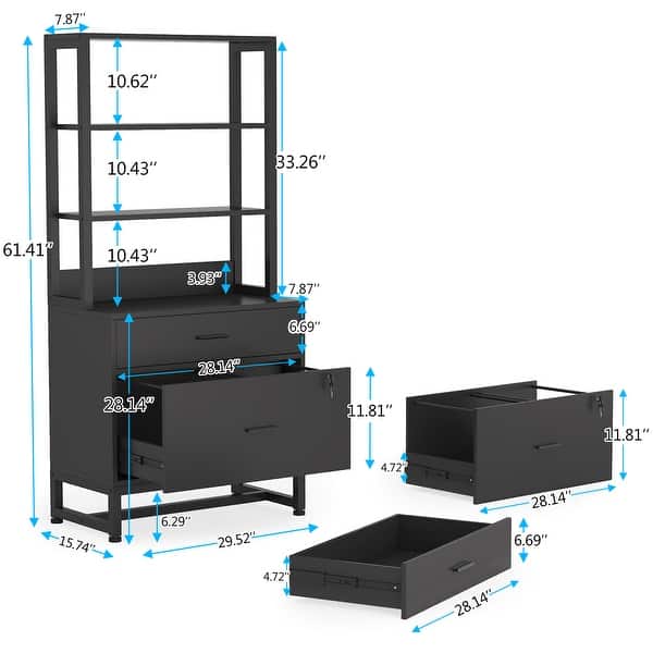 dimension image slide 1 of 3, Brown/ Black Wood Industrail File Cabinet with Lock, Mdern Bookshelf with 2 Drawers, Etagere Bookcase