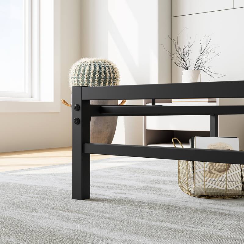 Industrial Vintage Bed Frame for Twin/Full/Queen Mattress, Strong Metal Slats, Wood Headboard, and Under-Bed Storage