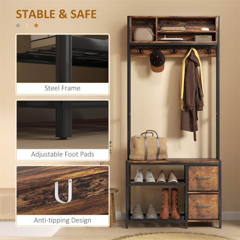 5-in-1 Hall Tree with Bench Coat Hooks and Storage Drawers for Entryway Hallway or Mudroom - 31.5" W x 11.8" D x 70.9" H