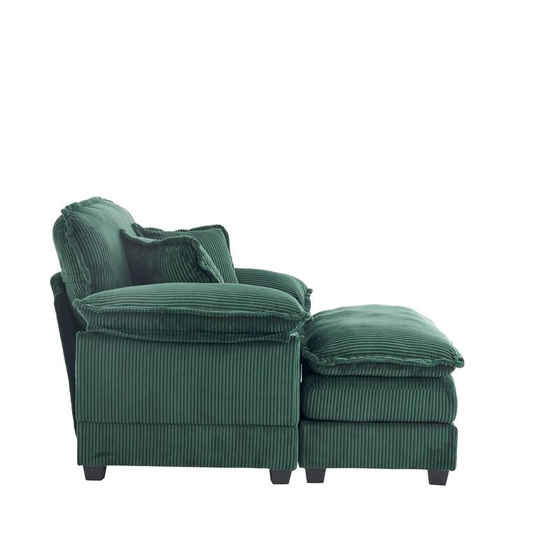 56.3 Inch Corduroy Single Deep Seat Sofa Chair With 2 Toss Pillows and a Ottoman
