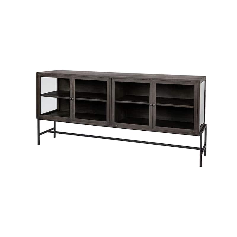 Arelius Light Brown w/ Black Metal Base 4 Door Glass Cabinet Sideboard - 70.0L x 18.0W x 32.0H - Dark Brown