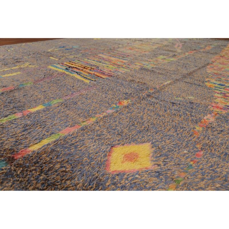 Brown & Blue Moroccan Abstract Area Rug Handmade Wool Carpet - 8'10"x 12'9"