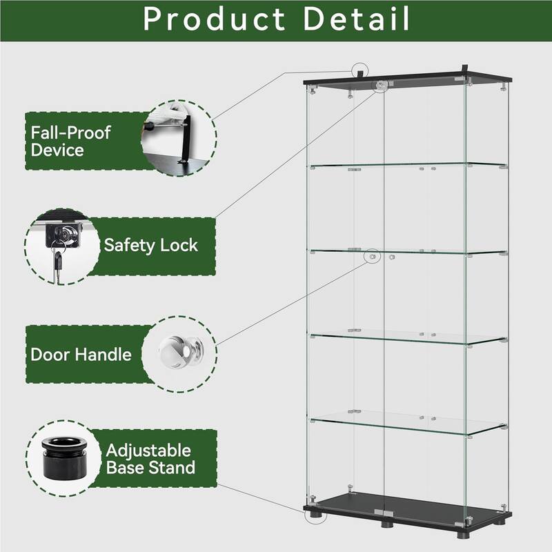 72 Inch Glass Display Case, 5 Shelf Floor Standing Cabinet with Lock, Tempered Glass Doors for Home Office