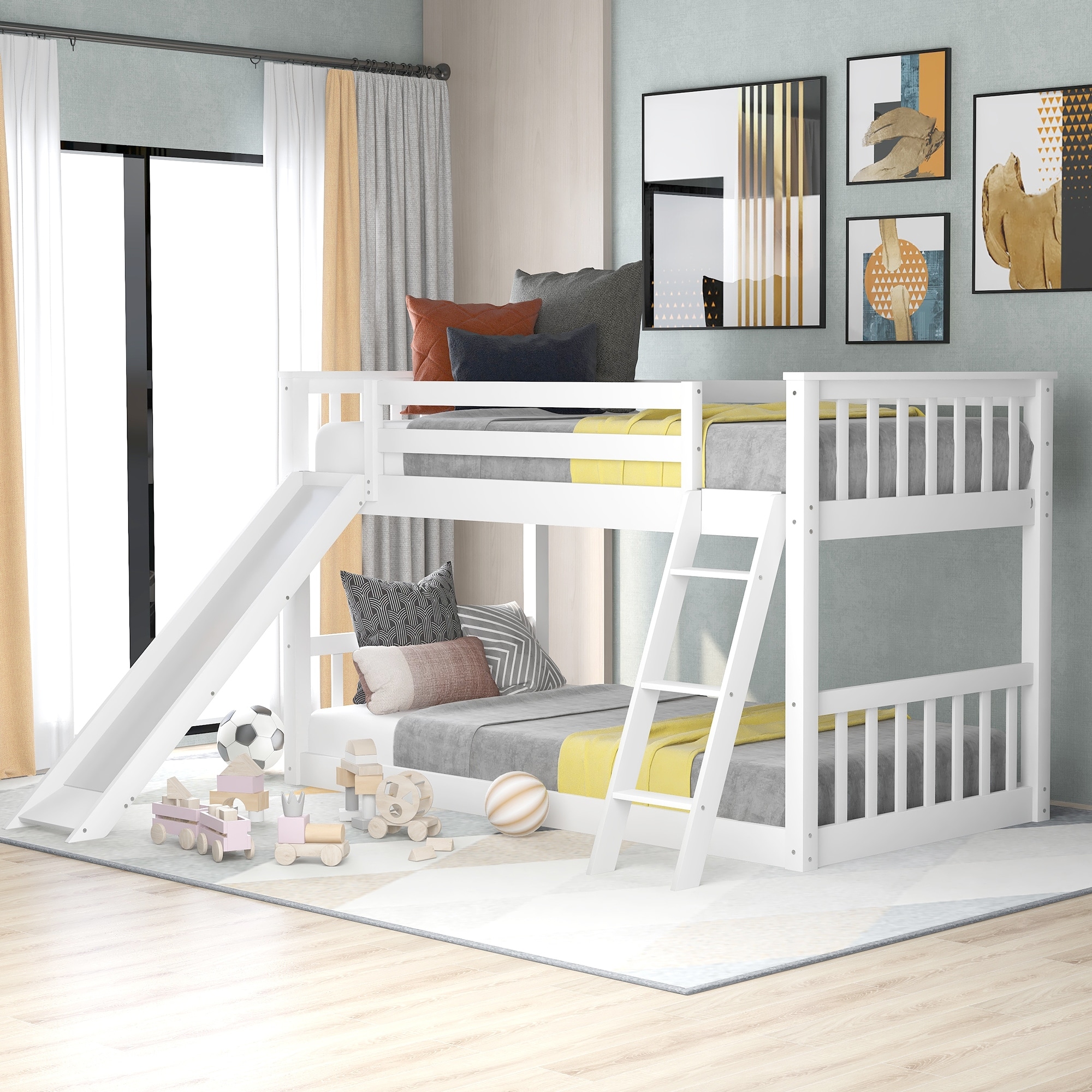 Twin over Twin Kids Pine Bunk Bed with Convertible Slide and Ladder - Wooden Support, Grey/White Colors